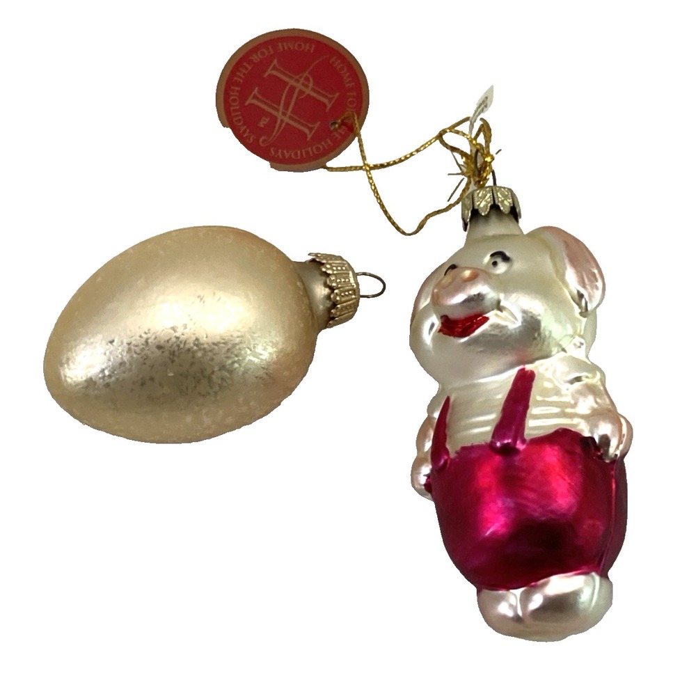 Pair Of Vtg Blown Glass Pig in Hot Pink Overalls Christmas Ornament Germany